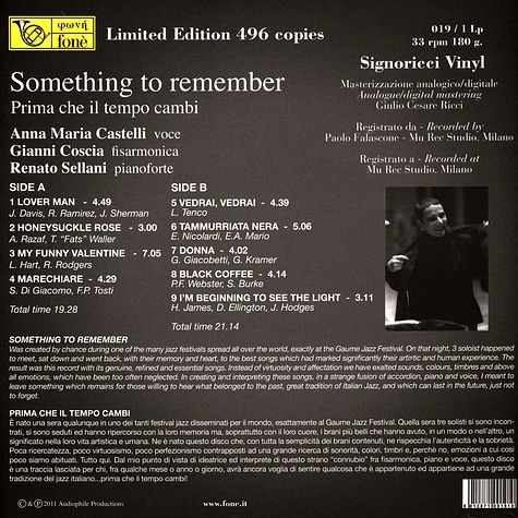 Anna Maria Castelli, Gianni Coscia & Renato Sellani Something to Remember