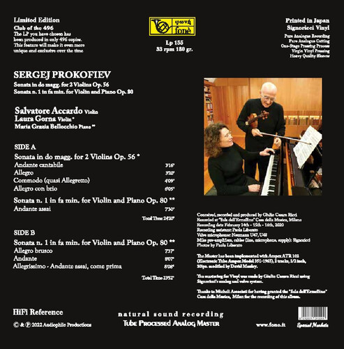 Salvatore Accardo, Laura Gorna & Maria Grazia Bellocchio Prokofiev Sonate for Violin and Piano Op.56 and Op.80 Transparent Vinyl