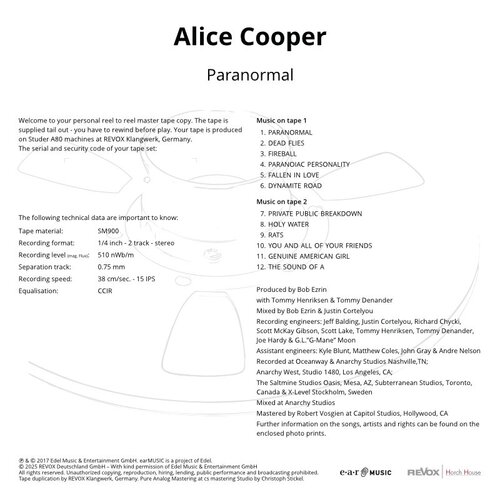 Alice Cooper Paranormal Mastertape Studio Quality Reel To Reel Tape (2 Reels)