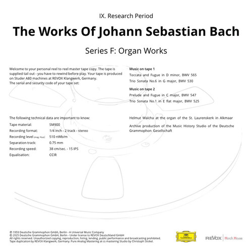 Johann Sebastian Bach Organ Works Mastertape Studio Quality Reel To Reel Tape (2 Reels)