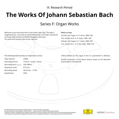 Johann Sebastian Bach Organ Works Mastertape Pure Quality Reel To Reel Tape (1 Reel)