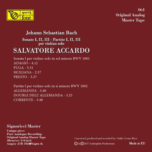 Salvatore Accardo J.S. Bach Sonate & Partite I, II, III  per Violino Solo Mastertape Studio Quality Reel To Reel Tape (5 Reels)