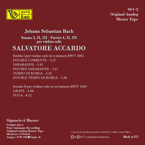 Salvatore Accardo J.S. Bach Sonate & Partite I, II, III  per Violino Solo Mastertape Studio Quality Reel To Reel Tape (5 Reels)