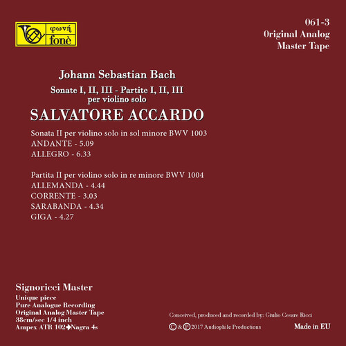 Salvatore Accardo J.S. Bach Sonate & Partite I, II, III  per Violino Solo Mastertape Studio Quality Reel To Reel Tape (5 Reels)
