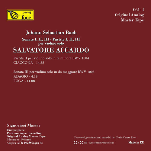 Salvatore Accardo J.S. Bach Sonate & Partite I, II, III  per Violino Solo Mastertape Studio Quality Reel To Reel Tape (5 Reels)