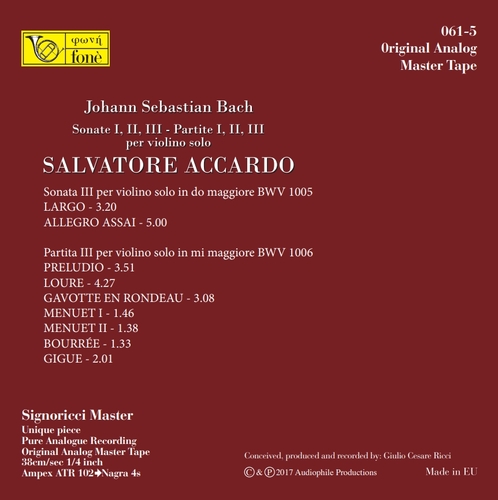 Salvatore Accardo J.S. Bach Sonate & Partite I, II, III  per Violino Solo Mastertape Studio Quality Reel To Reel Tape (5 Reels)